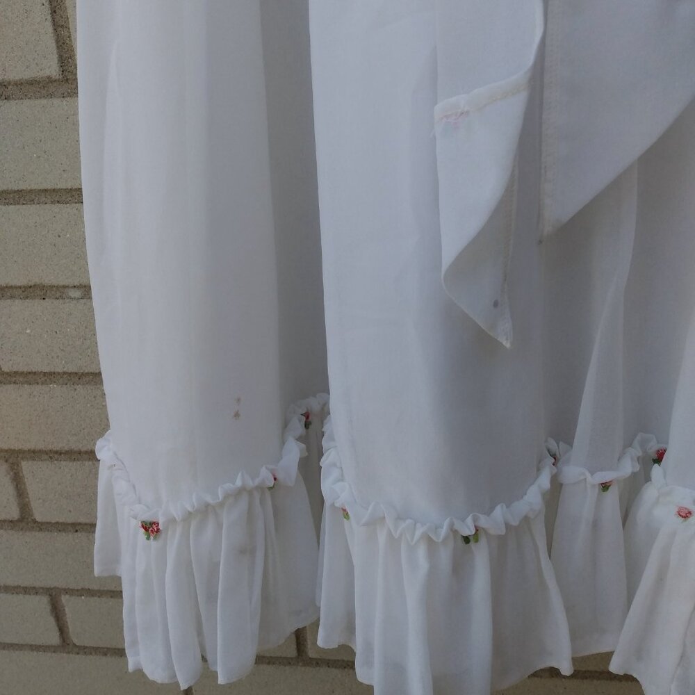 Vintage White Party Dress 29" Bust Bridal Gown Lace Flounce Sleeves Pink Flowers - Picture 12 of 15